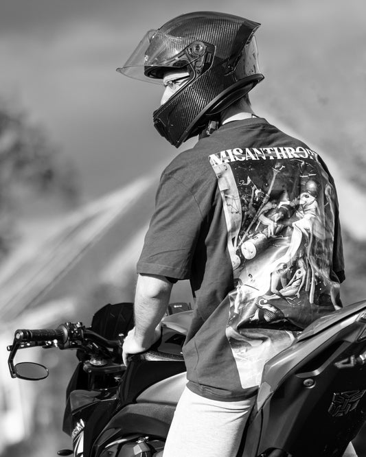 Man wearing helmet on a motorcycle