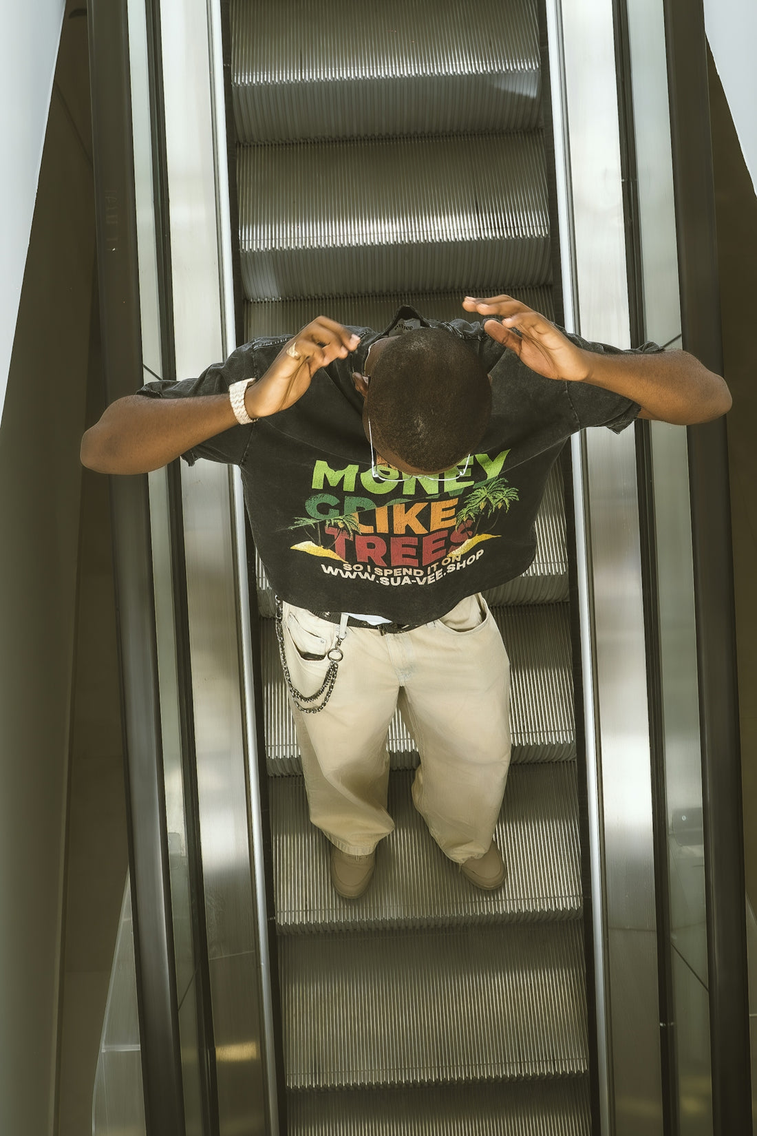 Man riding escalator, looking up
