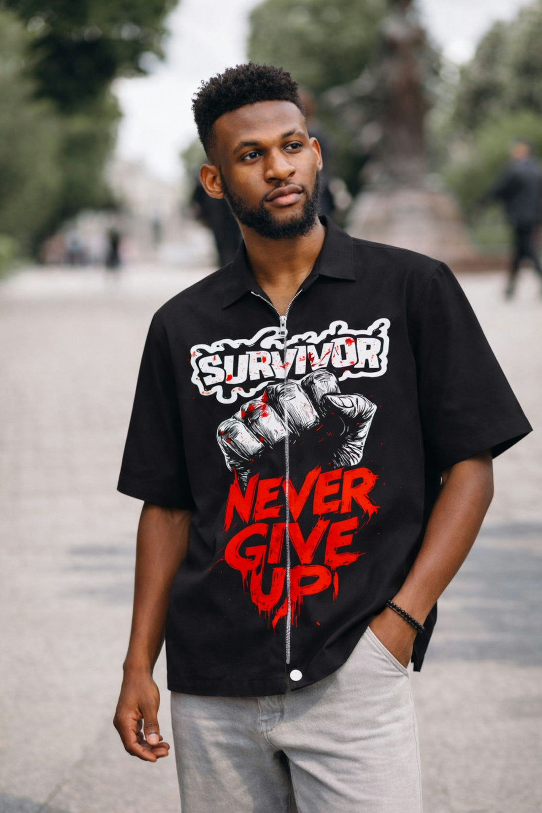 A man wearing a survivor never give up shirt outdoors.